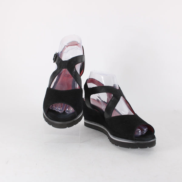 Pas De Rouge Wedge Heels Camoscio Dover Sz 39 Black Suede Leather 2.5" Heel