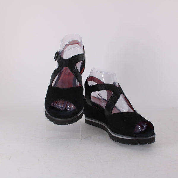 Pas De Rouge Wedge Heels Camoscio Dover Sz 39 Black Suede Leather 2.5" Heel