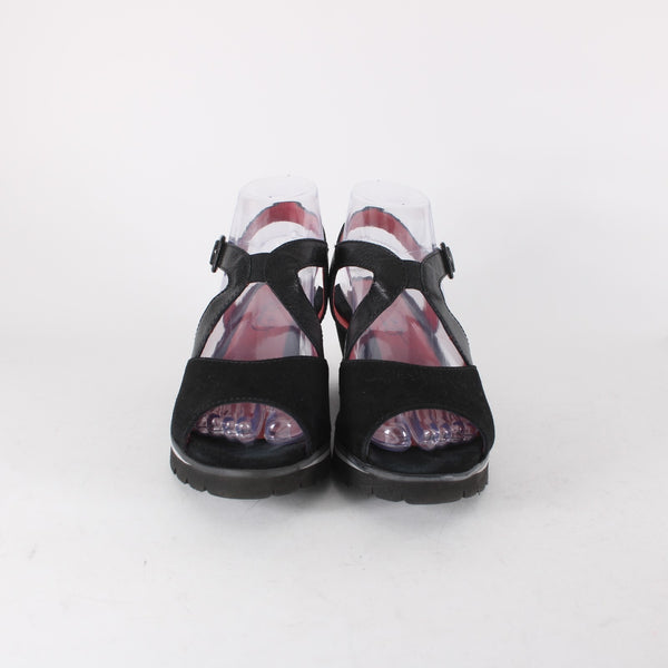 Pas De Rouge Wedge Heels Camoscio Dover Sz 39 Black Suede Leather 2.5" Heel
