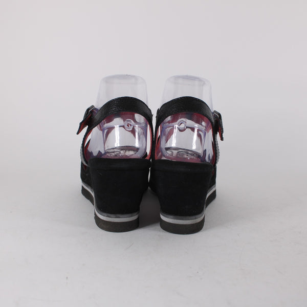 Pas De Rouge Wedge Heels Camoscio Dover Sz 39 Black Suede Leather 2.5" Heel