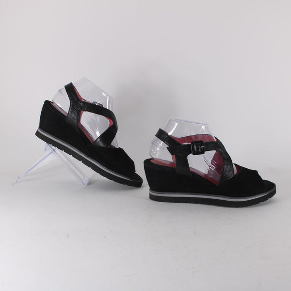 Pas De Rouge Wedge Heels Camoscio Dover Sz 39 Black Suede Leather 2.5" Heel