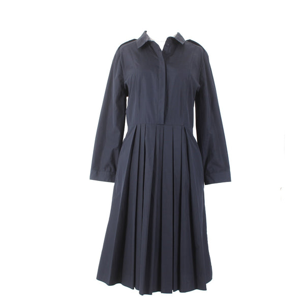 Burberry Dress NEW Sz 12 Navy Blue Pockets Pleated Collared 100% Cotton Dress