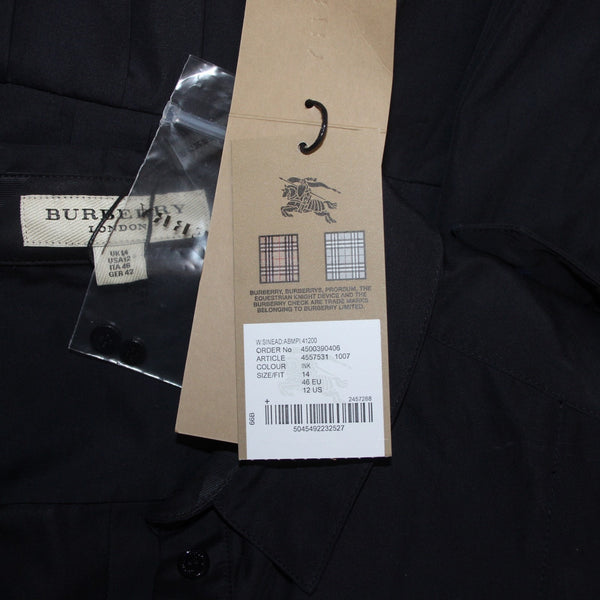 Burberry Dress NEW Sz 12 Navy Blue Pockets Pleated Collared 100% Cotton Dress