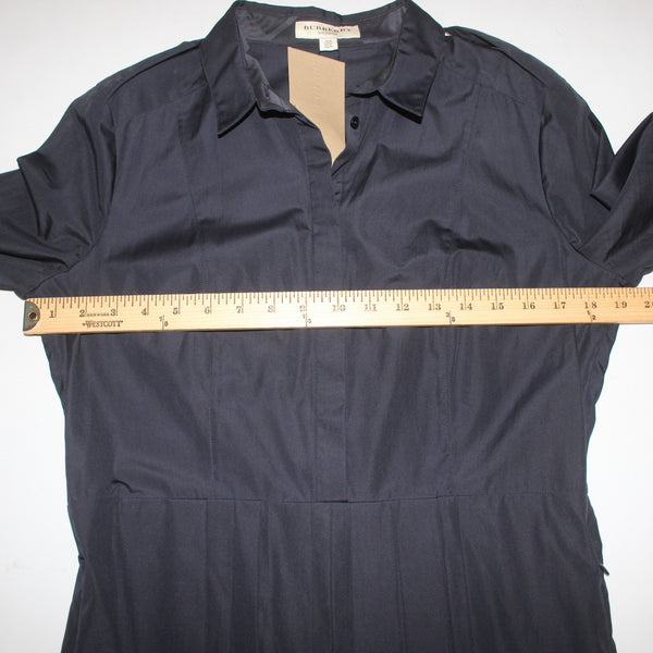 Burberry Dress NEW Sz 12 Navy Blue Pockets Pleated Collared 100% Cotton Dress