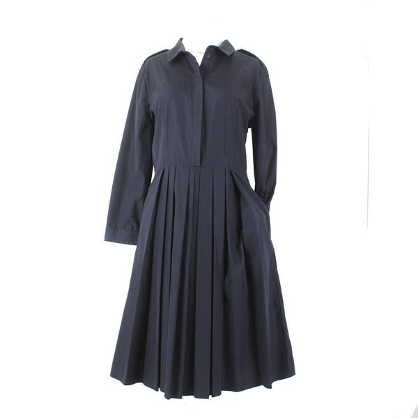 Burberry Dress NEW Sz 12 Navy Blue Pockets Pleated Collared 100% Cotton Dress