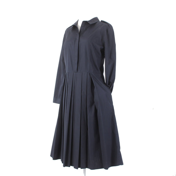 Burberry Dress NEW Sz 12 Navy Blue Pockets Pleated Collared 100% Cotton Dress