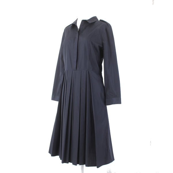Burberry Dress NEW Sz 12 Navy Blue Pockets Pleated Collared 100% Cotton Dress
