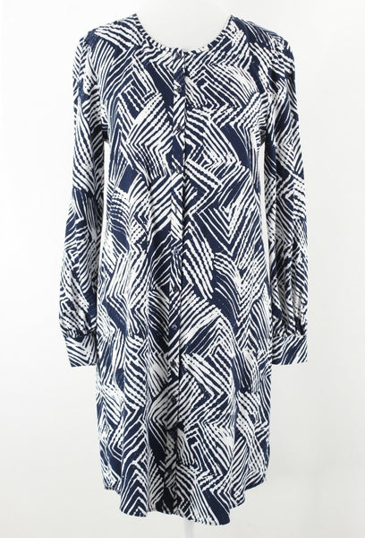 Trina Turk Sz 0 Navy Blue White Button Up Front 100% Rayon Shirt Dress