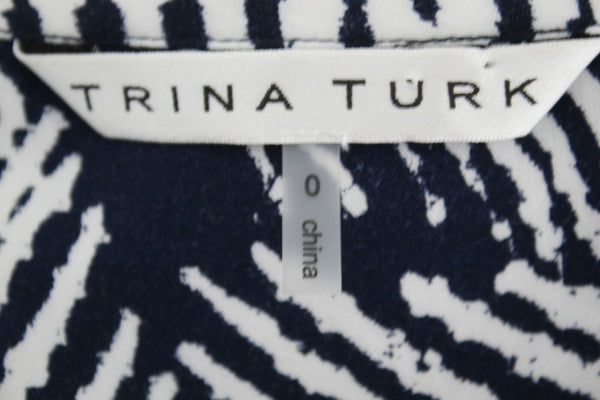 Trina Turk Sz 0 Navy Blue White Button Up Front 100% Rayon Shirt Dress