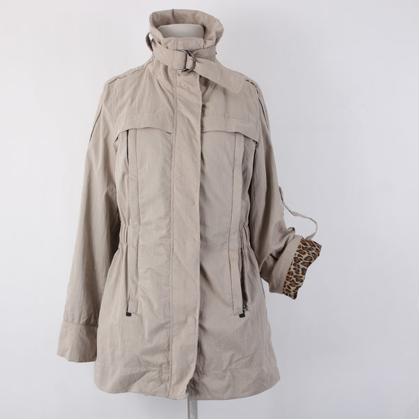Montanaco Jacket Sz S Tan Animal Print Inside Collared Pockets Poly Nylon Jacket