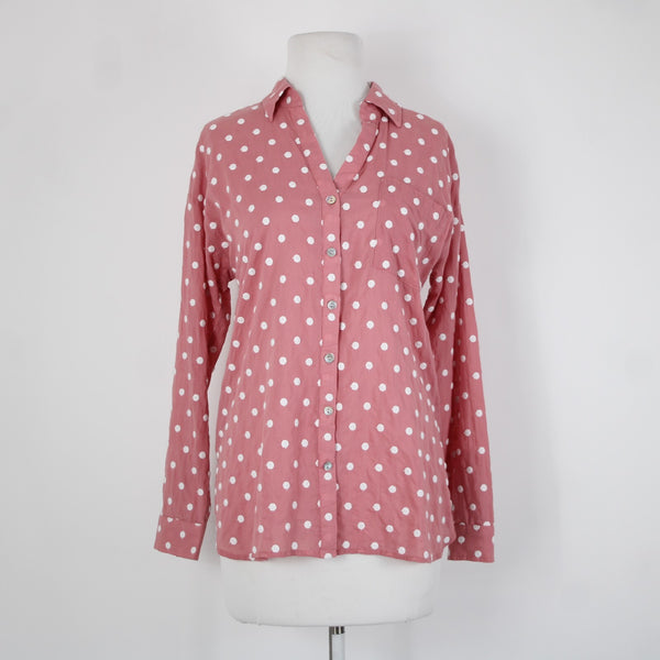 J Jill NEW $89 Sz XS Pink White Polka Dots Buttons Collared 100% Cotton Top