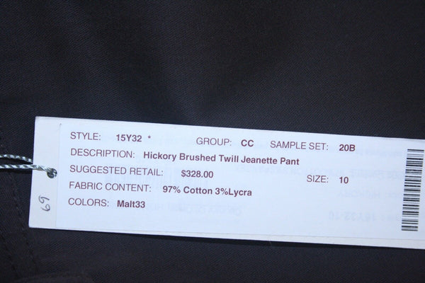 Worth NEW $328 Sz 10 x 33.5 Dark Brown Hickory Brushed Twill Jeanette Pant