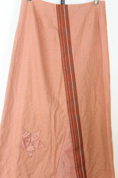 Solola Sz 38 Dark Peach Multi Applique Embroidered Linen Blend Boho Skirt