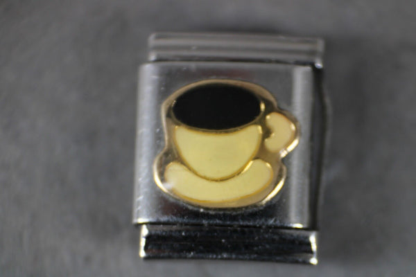 Eternity Coffee Cup Stainless Enamel Gold Elastic Stretch Link Italian Charm