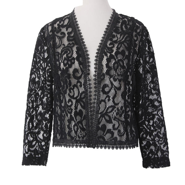 Tahari Wrap Jacket Sz 8 Black Embroidered Lace Sheer 100% Polyester Wrap