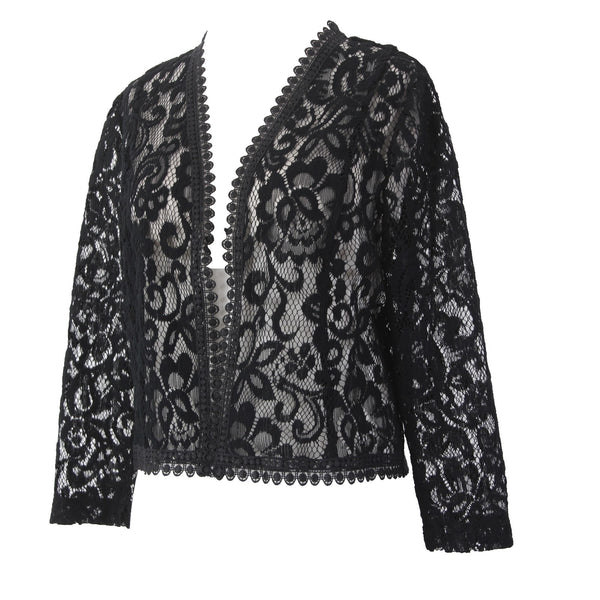 Tahari Wrap Jacket Sz 8 Black Embroidered Lace Sheer 100% Polyester Wrap