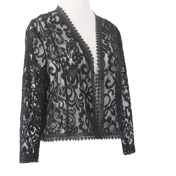 Tahari Wrap Jacket Sz 8 Black Embroidered Lace Sheer 100% Polyester Wrap