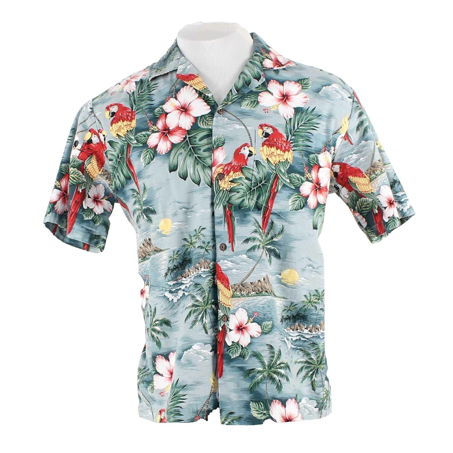 Aloha Republic Sz L Teal Multi Button Up Hawaiian Floral Cotton Men's Shirt