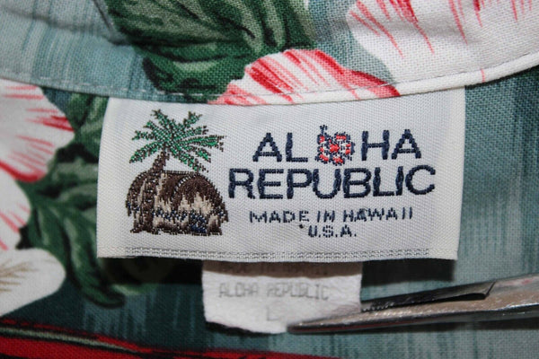 Aloha Republic Sz L Teal Multi Button Up Hawaiian Floral Cotton Men's Shirt