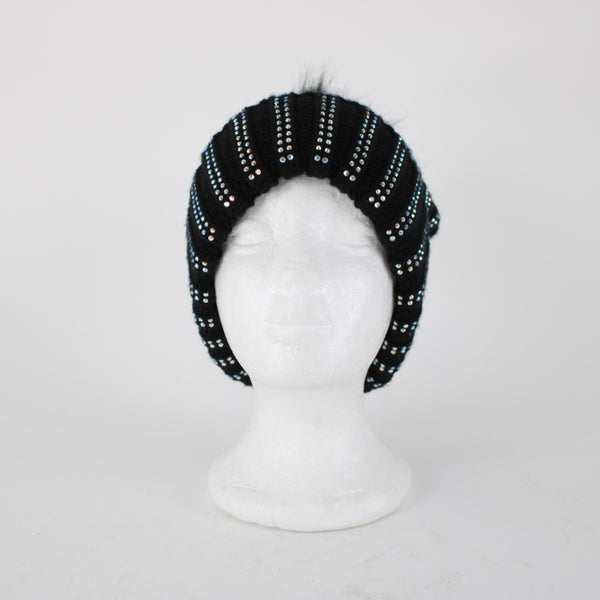 French Connection NEW $50 Sz OS Black Rhinestones 100% Acrylic Beanie