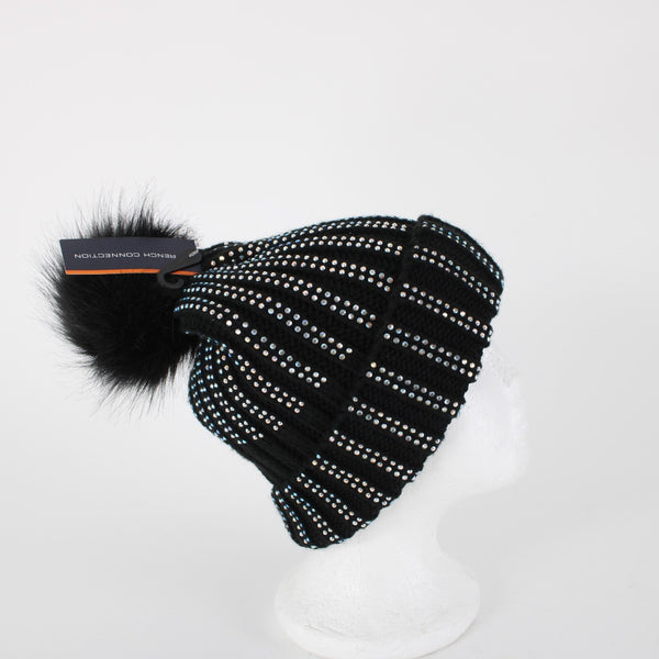 French Connection NEW $50 Sz OS Black Rhinestones 100% Acrylic Beanie