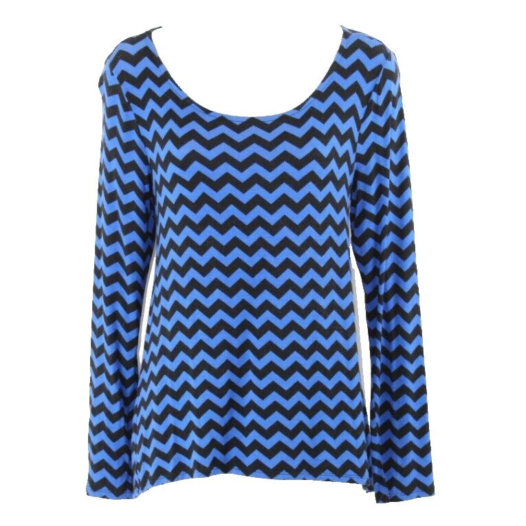 Shanley Sz S Black Blue Zig Zag Hi Lo Chiffon Rayon Spandex Poly Knit Top
