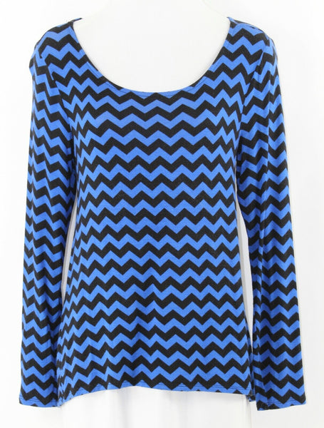 Shanley Sz S Black Blue Zig Zag Hi Lo Chiffon Rayon Spandex Poly Knit Top