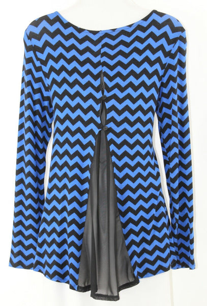 Shanley Sz S Black Blue Zig Zag Hi Lo Chiffon Rayon Spandex Poly Knit Top