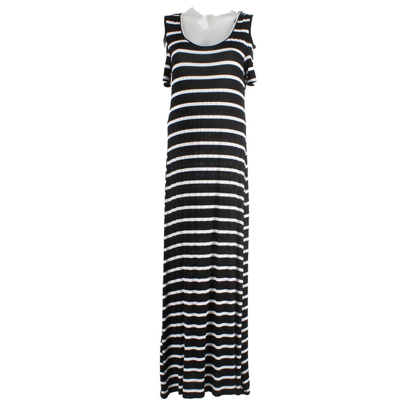5th Love Sz M Black White Stripe Cold Shoulder Rayon Blend Knit Maxi Dress