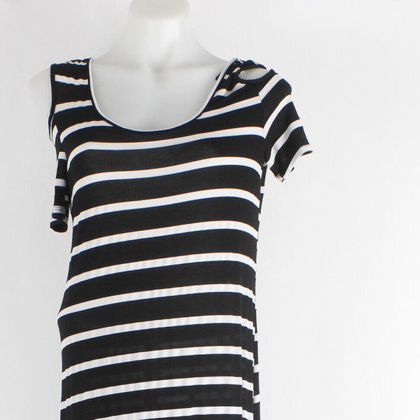 5th Love Sz M Black White Stripe Cold Shoulder Rayon Blend Knit Maxi Dress