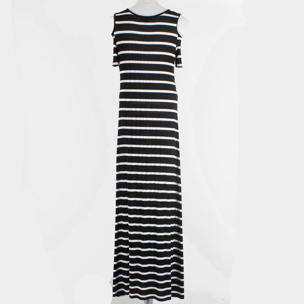 5th Love Sz M Black White Stripe Cold Shoulder Rayon Blend Knit Maxi Dress