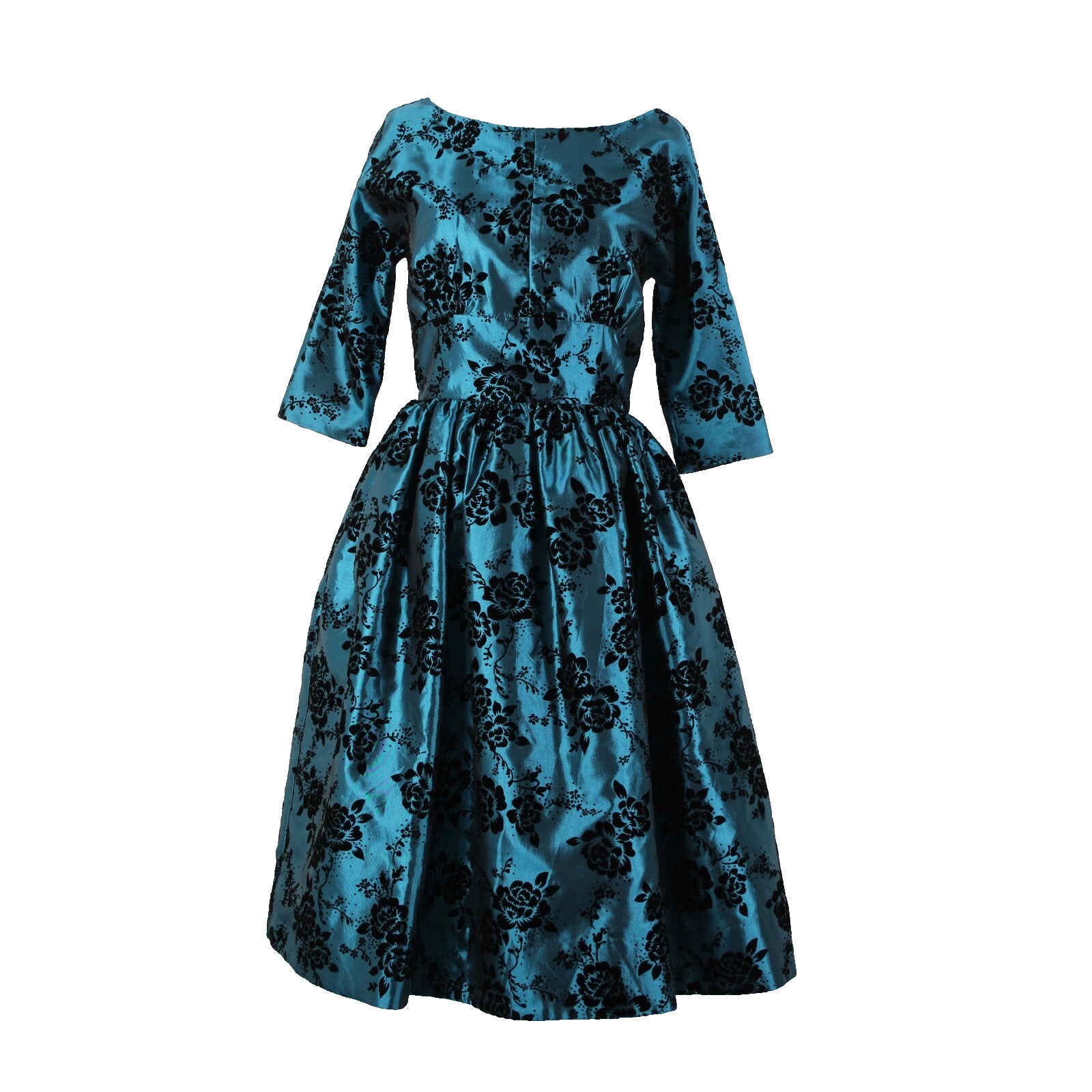 Geode Sz S Teal Blue Black Velour Floral Zip Lined 100% Polyester Dress