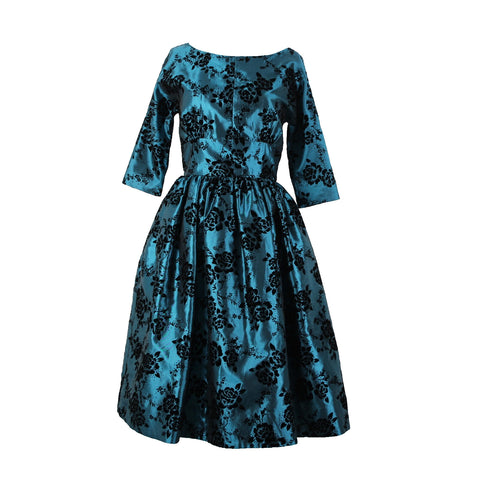 Geode Sz S Teal Blue Black Velour Floral Zip Lined 100% Polyester Dress