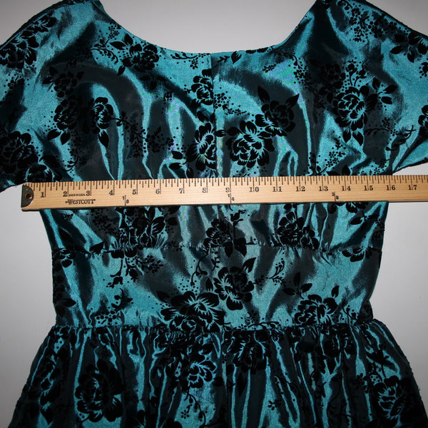 Geode Sz S Teal Blue Black Velour Floral Zip Lined 100% Polyester Dress