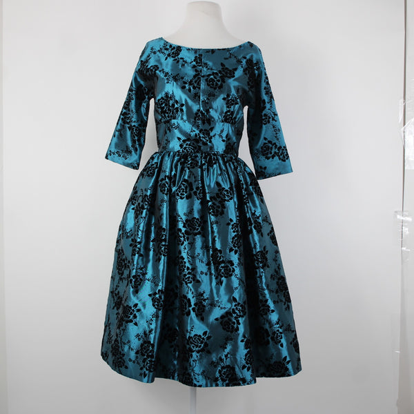 Geode Sz S Teal Blue Black Velour Floral Zip Lined 100% Polyester Dress