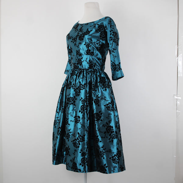 Geode Sz S Teal Blue Black Velour Floral Zip Lined 100% Polyester Dress