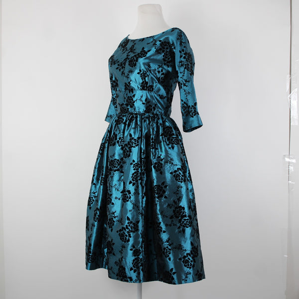 Geode Sz S Teal Blue Black Velour Floral Zip Lined 100% Polyester Dress