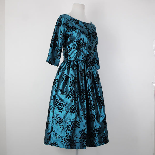 Geode Sz S Teal Blue Black Velour Floral Zip Lined 100% Polyester Dress