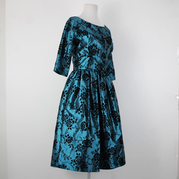 Geode Sz S Teal Blue Black Velour Floral Zip Lined 100% Polyester Dress