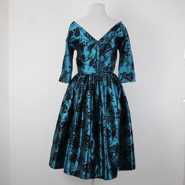 Geode Sz S Teal Blue Black Velour Floral Zip Lined 100% Polyester Dress