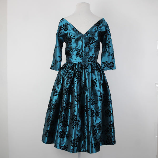 Geode Sz S Teal Blue Black Velour Floral Zip Lined 100% Polyester Dress