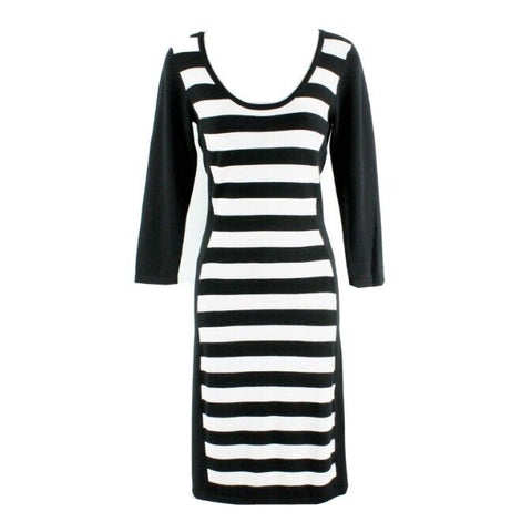 Frank Lyman Sz S Black White Stripe Inset Rayon Nylon Blend Sweater Dress