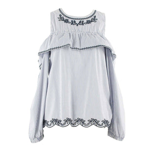 Sugar Lips Sz S Blue Multi Embroidered Off Cold Shoulder Poly Blend Top