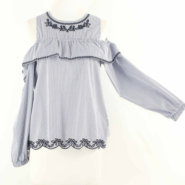 Sugar Lips Sz S Blue Multi Embroidered Off Cold Shoulder Poly Blend Top