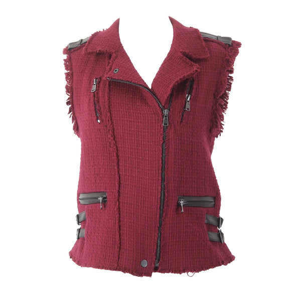 Rebecca Taylor Vest Sz 6 Burgundy Red Black Leather Details Zip Cotton Vest