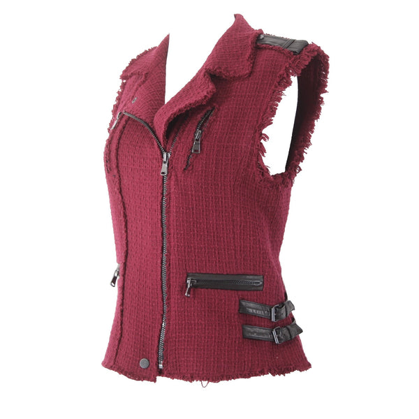 Rebecca Taylor Vest Sz 6 Burgundy Red Black Leather Details Zip Cotton Vest