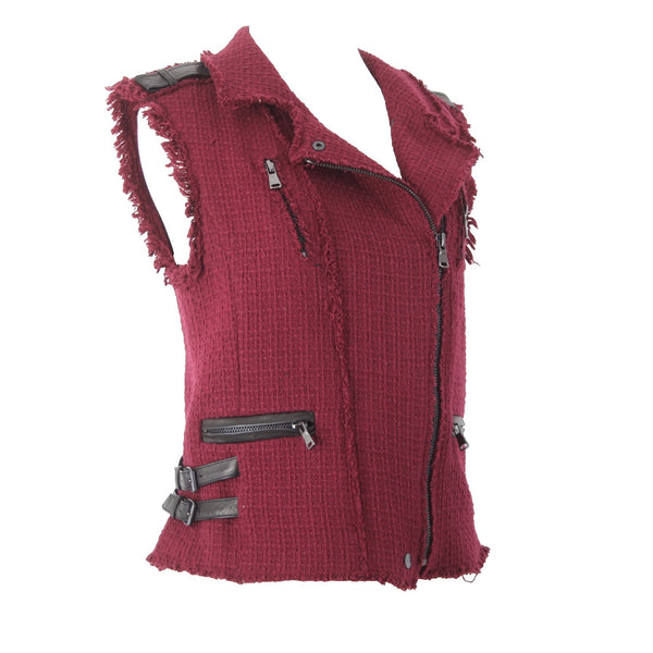 Rebecca Taylor Vest Sz 6 Burgundy Red Black Leather Details Zip Cotton Vest