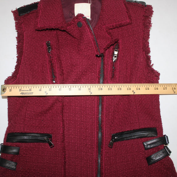 Rebecca Taylor Vest Sz 6 Burgundy Red Black Leather Details Zip Cotton Vest