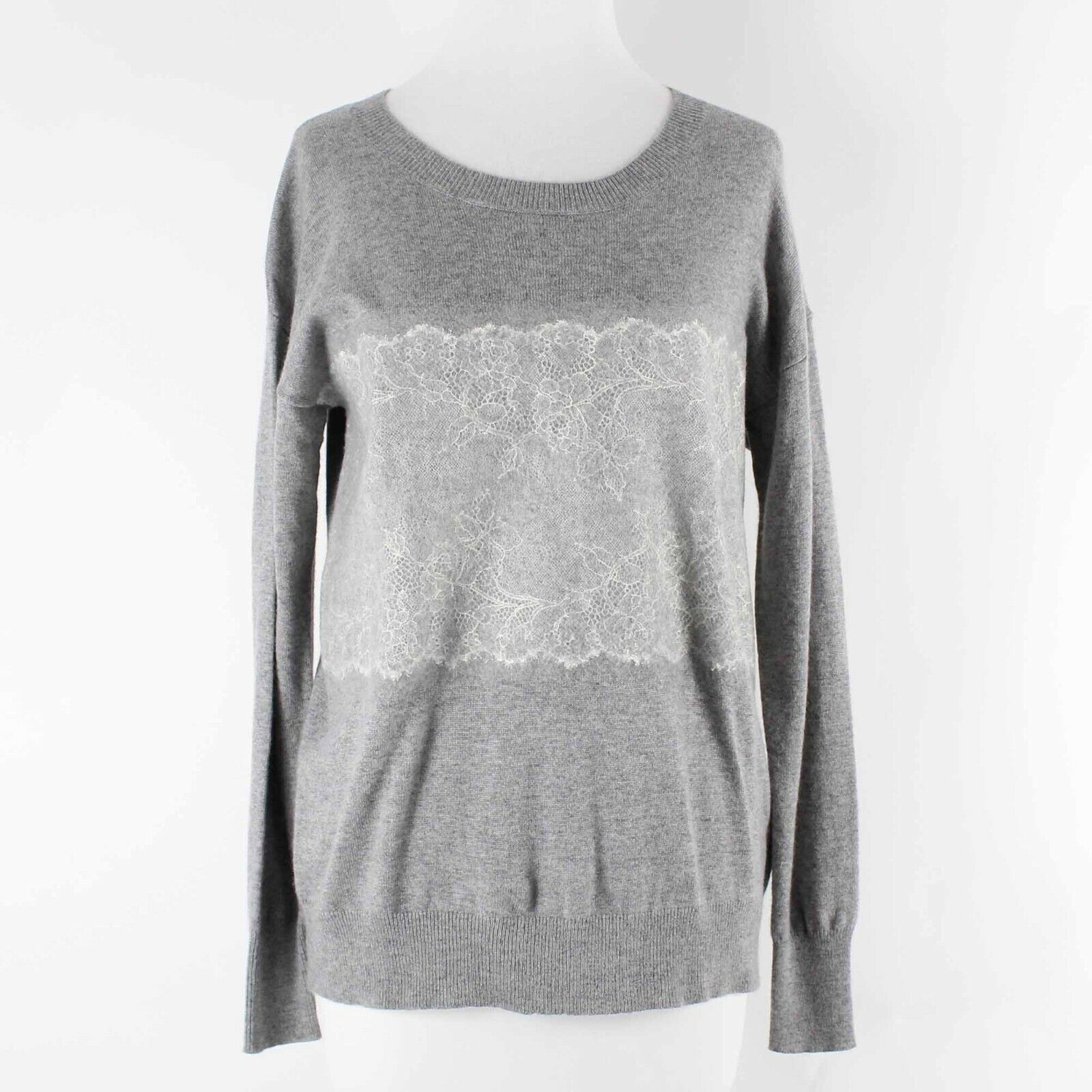 J Crew NEW $98 Sz XS Gray Ivory Pullover Lace Detail Wool Blend Sweater