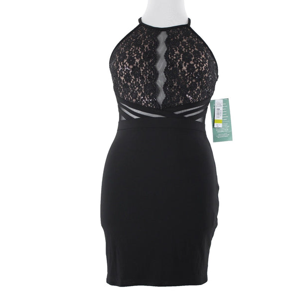 R & M Collection NEW $90 Sz 14 Black Nude Sheer Mesh Inserts Sequin Nylon Dress